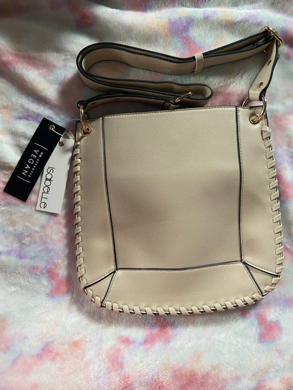 Isabelle Cream Vegan Leather Crossbody Bag with Whipstitch Detail